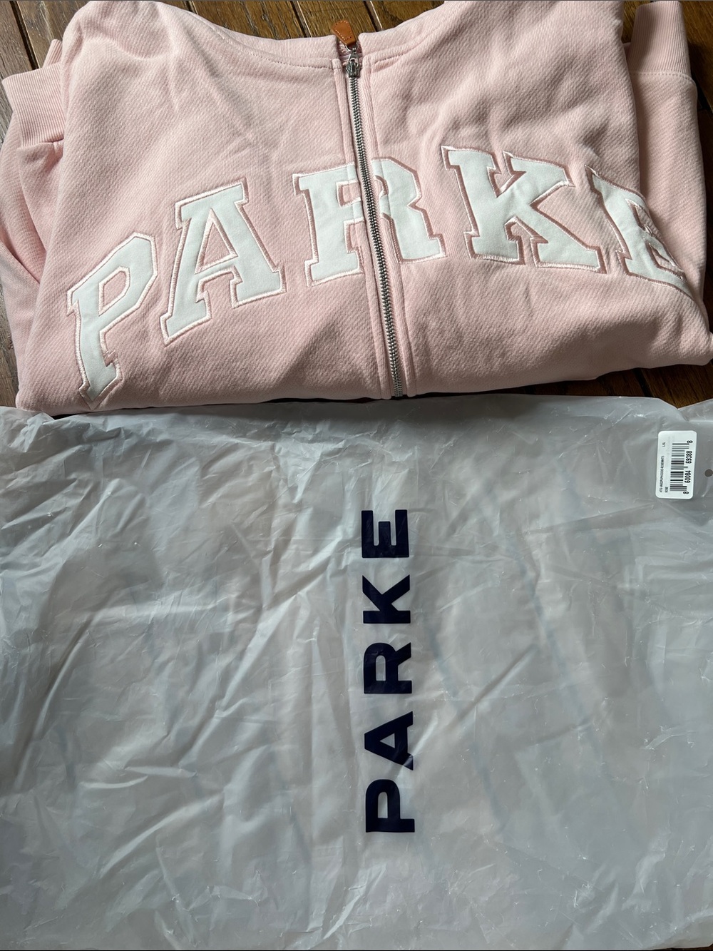 PARKE Rose Pink Zip Up Varsity Hoodie Heritage Size L/XL New In BAG NWT